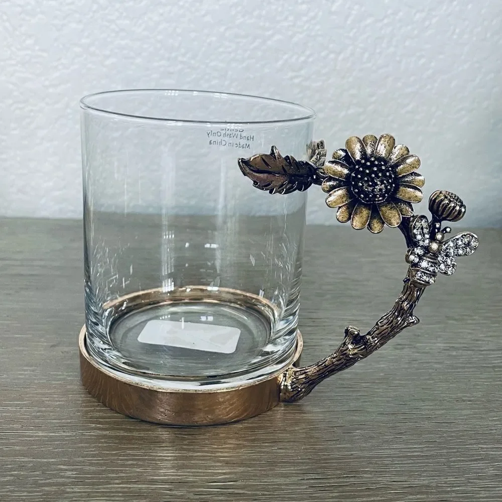 Glass Bronze Crystal Jewel Floral Bee Handle Coffee Mug Cup
